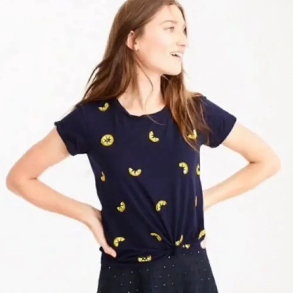 J. Crew Navy Blue Sequin & Beaded Lemon T-Shirt